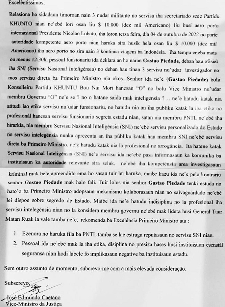 Karta ne&#039;ebé Vise Ministru Justisa, José Edmundo Caetano, haruka ba Primeiru Ministru, Taur Matan Ruak.