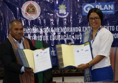 Ministru Edukasaun Juventude no Desportu (MEJD) segunda ne’e (26/06), selebra memorandum nota entendimentu ho Plan Internasional Timor-Leste hodi kontinua hametin kooperasaun iha área setór edukasaun. Foto:INDEPENDENTE/Ivonia.