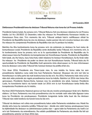 Komunikadu Imprensa neebe Prezidente Republika fo sai relasiona ho desizaun Tribunal Rekursu nian kona ba lei indultu. Foto:Media Gabinete PR.
