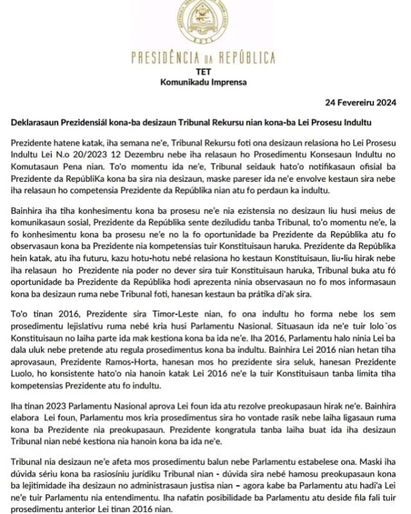 Komunikadu Imprensa neebe Prezidente Republika fo sai relasiona ho desizaun Tribunal Rekursu nian kona ba lei indultu. Foto:Media Gabinete PR.