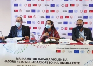 Uniaun Europeia (UE) hamutuk ho reprezentante Organizasaun Nasaun Unidas (ONU) no mós Sekretária Estadu ba Igualdade no Inkluzaun (SEII), halo revizaun ba implementasaun Inisiativa Spotlight, hodi hapara violénsia hasoru feto no labarik feto sira. Foto:INDEPENDENTE.