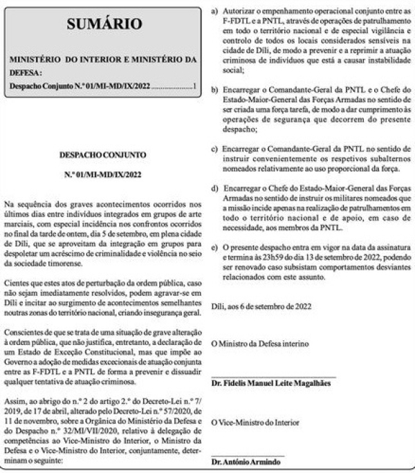 Despaixu ne'ebé Governu hasai hodi autoriza F-FDTL ho PNTL halo kontrolu ba situasaun iha rai laran. Foto:Gab MPCM.
