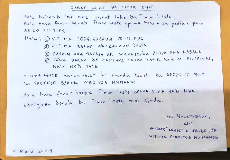 Karta Arnolfo Teves Jr husi Prizaun Bekora:  “Favor Timor-Leste, Salva ha’u-nia Vida”