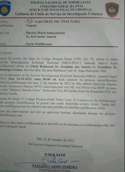 Karta notifikasaun husi SIKN ba Xefe Redasaun no Jornalista Jornal INDEPENDENTE. Foto:INDEPENDENTE.